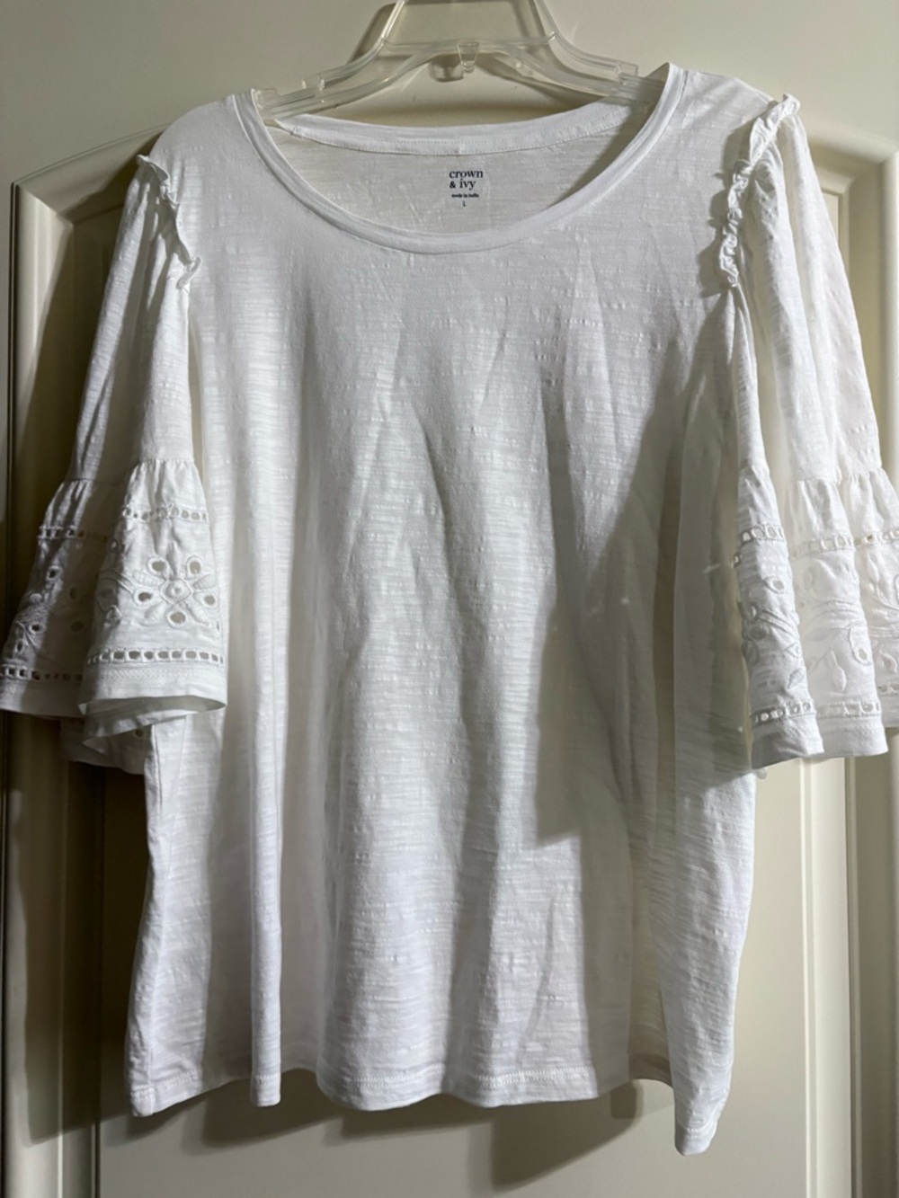 Crown & Ivy White Embroidered Bell Sleeve Top